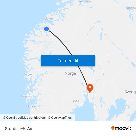 Stordal to Ås map