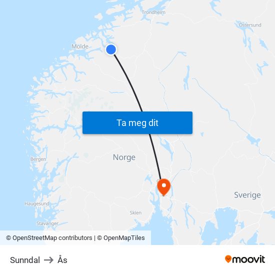 Sunndal to Ås map