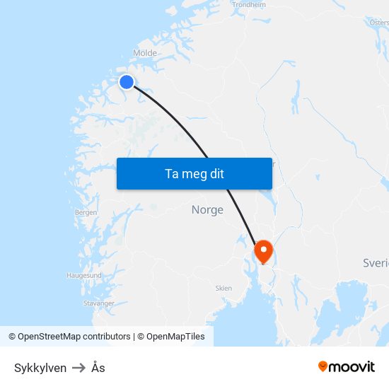 Sykkylven to Ås map