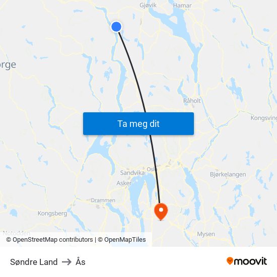 Søndre Land to Ås map