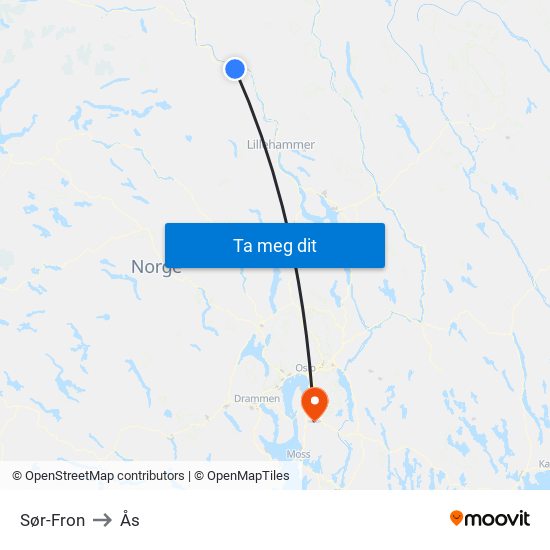 Sør-Fron to Ås map