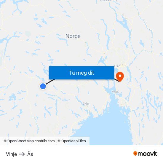 Vinje to Ås map