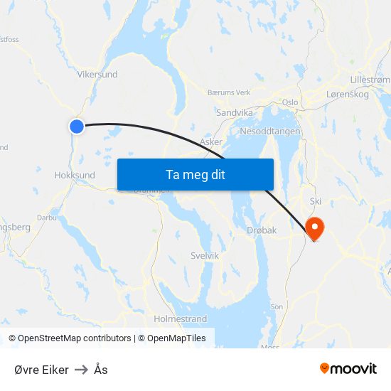 Øvre Eiker to Ås map