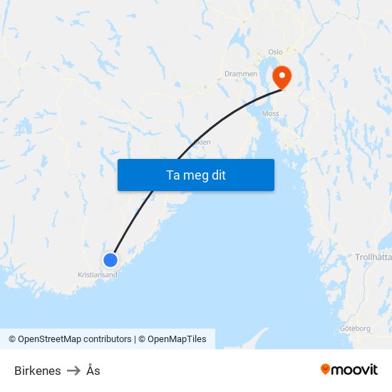 Birkenes to Ås map