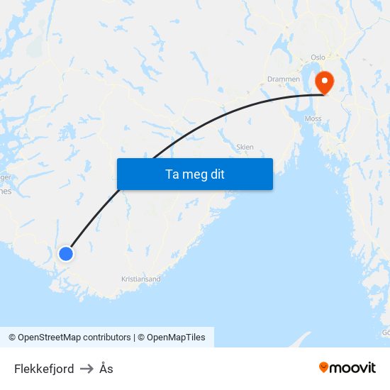 Flekkefjord to Ås map