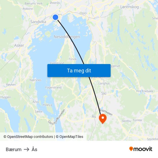 Bærum to Ås map