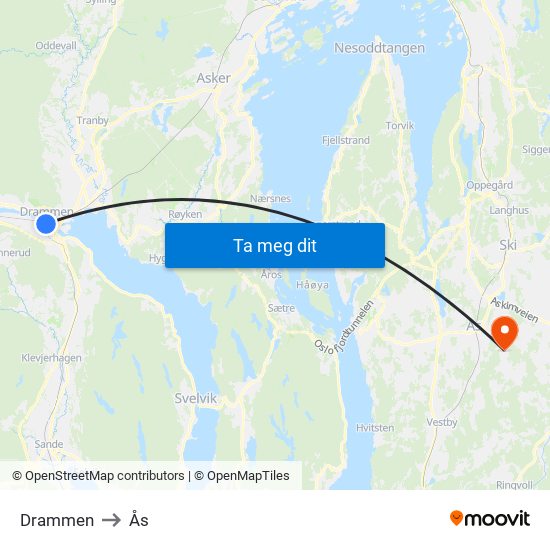 Drammen to Ås map