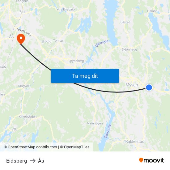 Eidsberg to Ås map