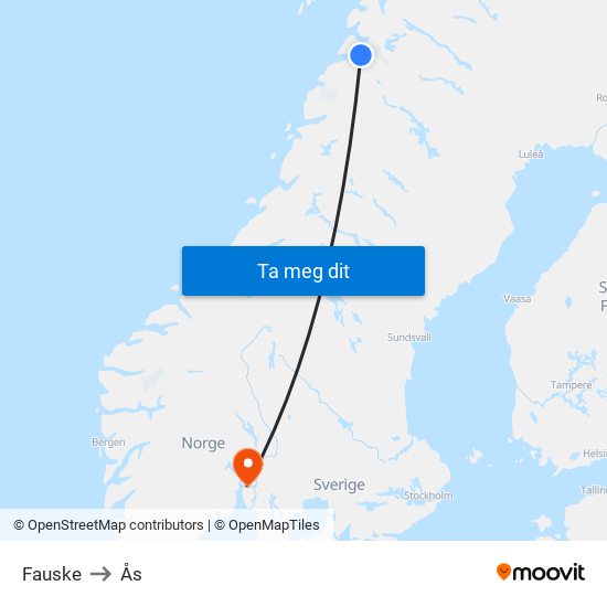 Fauske to Ås map