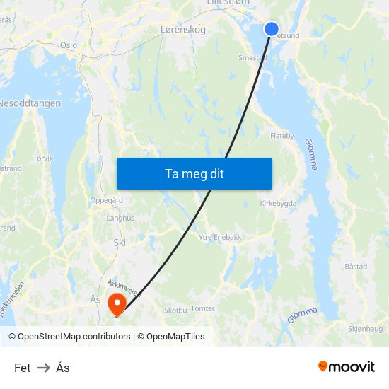 Fet to Ås map