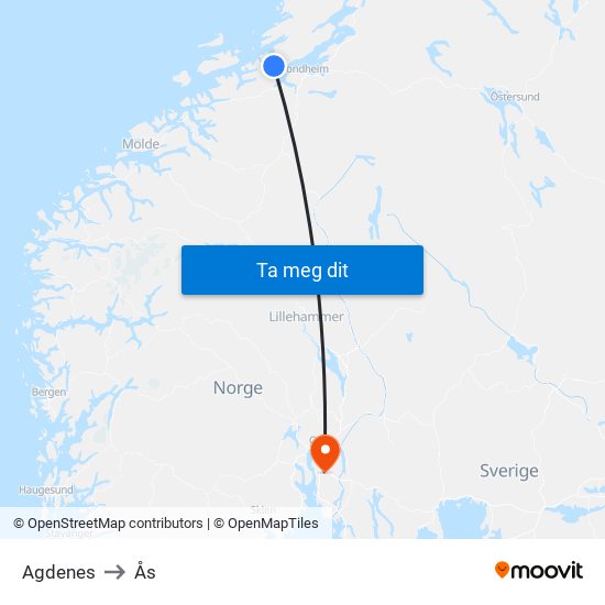 Agdenes to Ås map