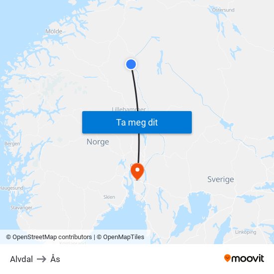 Alvdal to Ås map