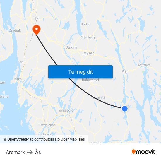 Aremark to Ås map