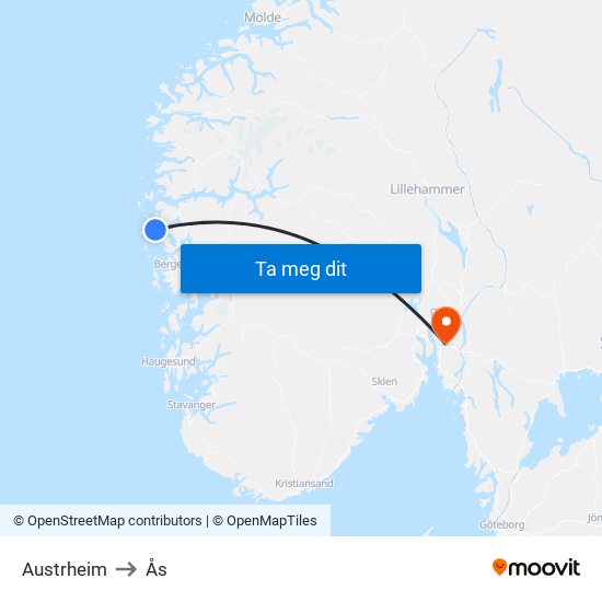 Austrheim to Ås map