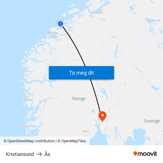 Kristiansund to Ås map