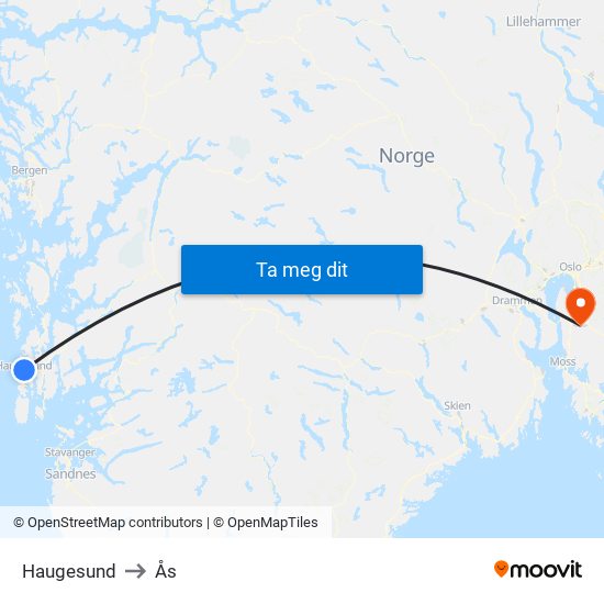 Haugesund to Ås map