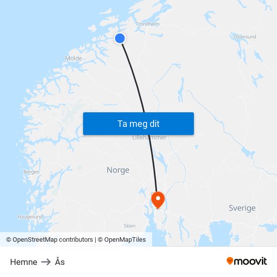 Hemne to Ås map