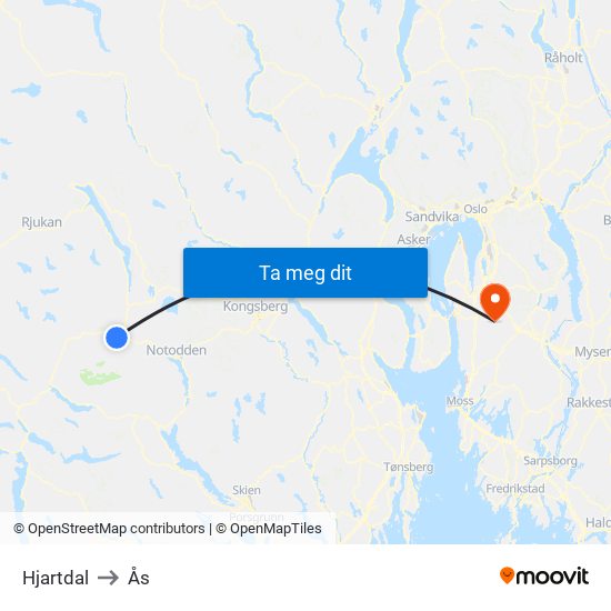 Hjartdal to Ås map