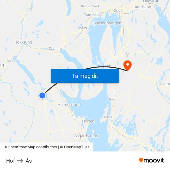 Hof to Ås map