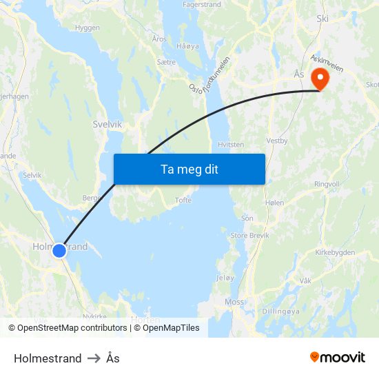 Holmestrand to Ås map