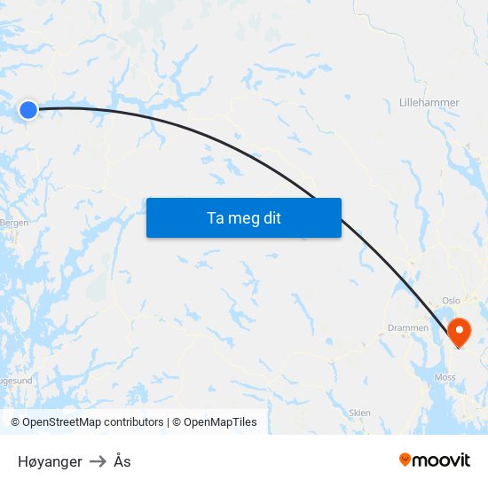 Høyanger to Ås map
