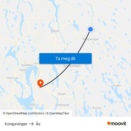 Kongsvinger to Ås map