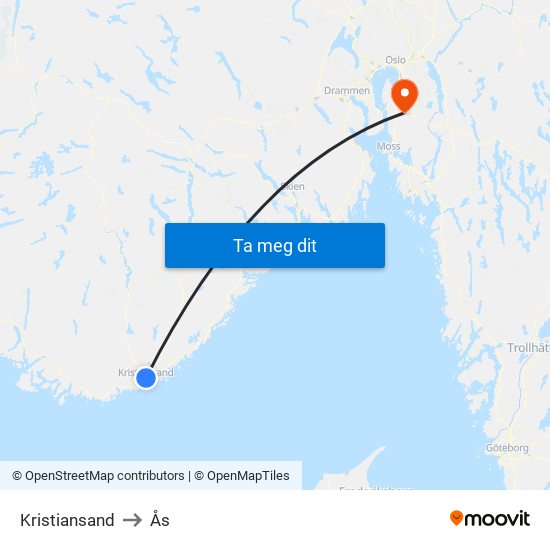Kristiansand to Ås map
