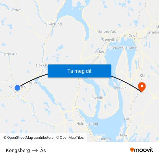 Kongsberg to Ås map
