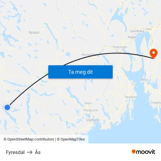 Fyresdal to Ås map