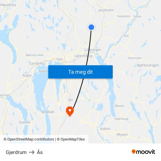 Gjerdrum to Ås map