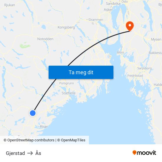 Gjerstad to Ås map