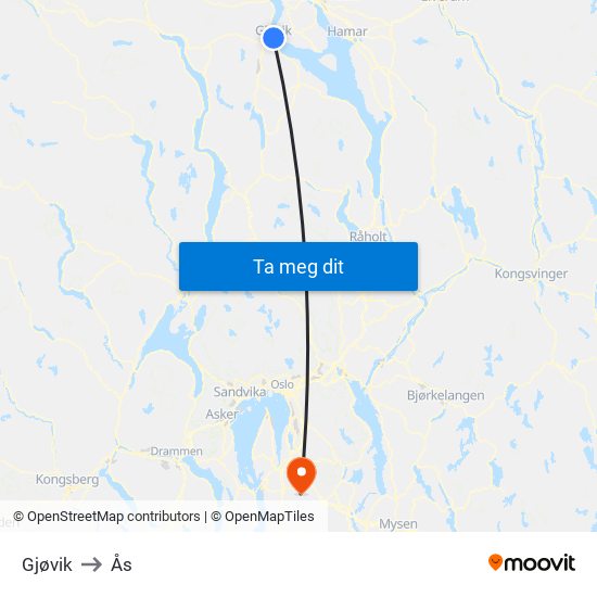 Gjøvik to Ås map