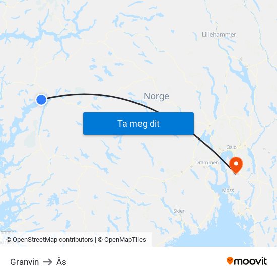 Granvin to Ås map