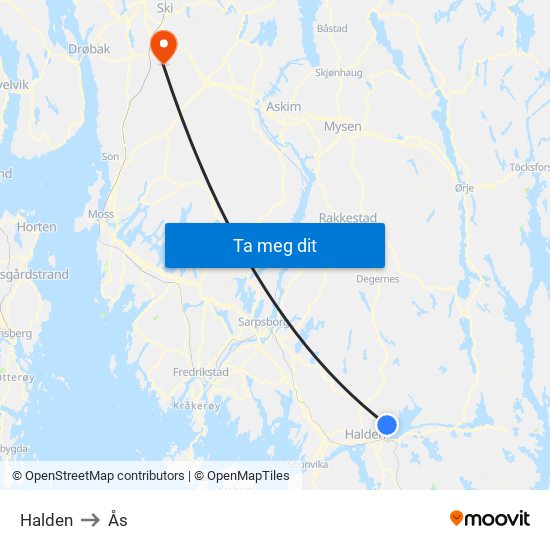 Halden to Ås map