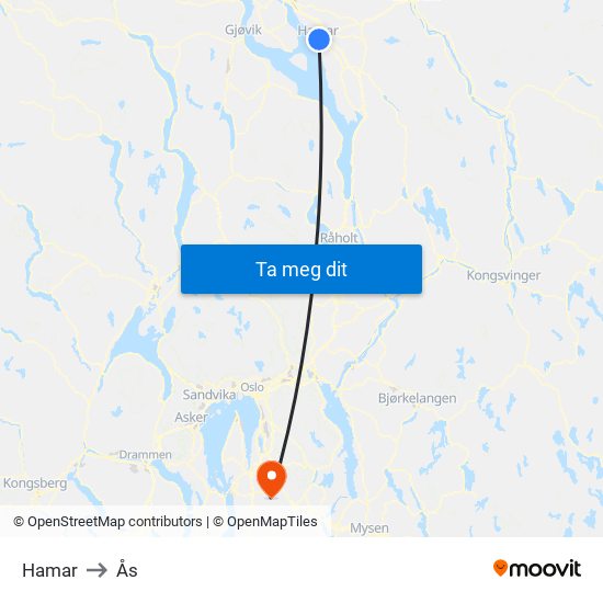 Hamar to Ås map