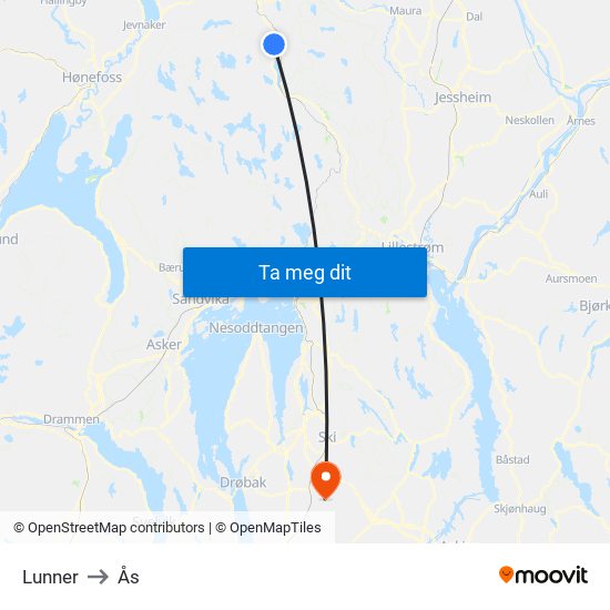 Lunner to Ås map
