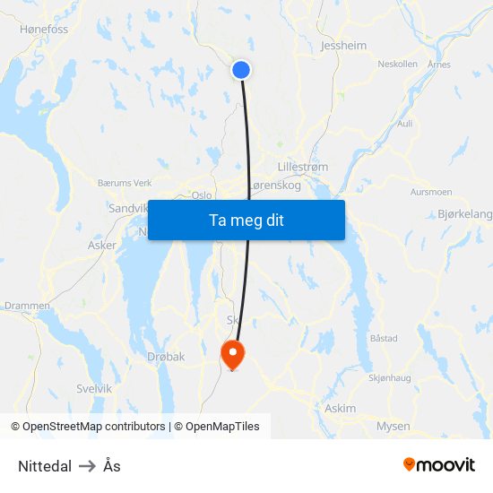 Nittedal to Ås map