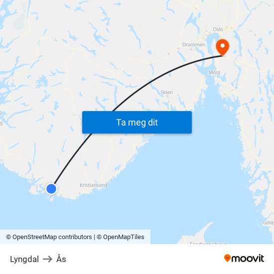 Lyngdal to Ås map