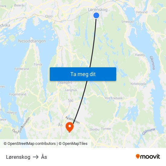 Lørenskog to Ås map