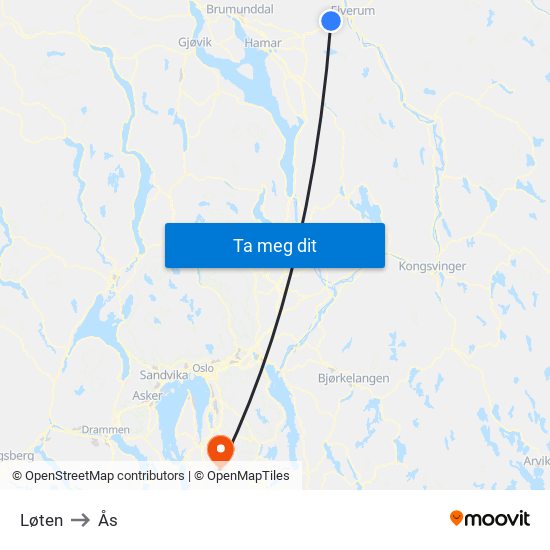 Løten to Ås map