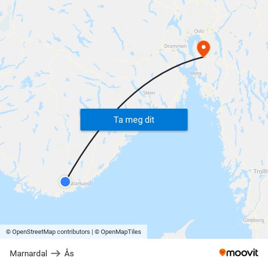 Marnardal to Ås map
