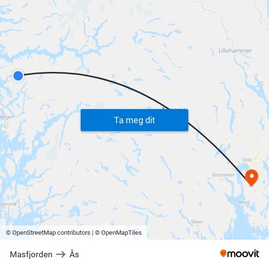 Masfjorden to Ås map