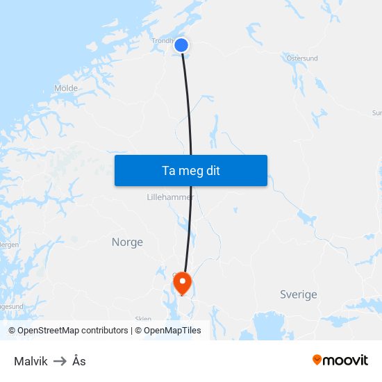 Malvik to Ås map