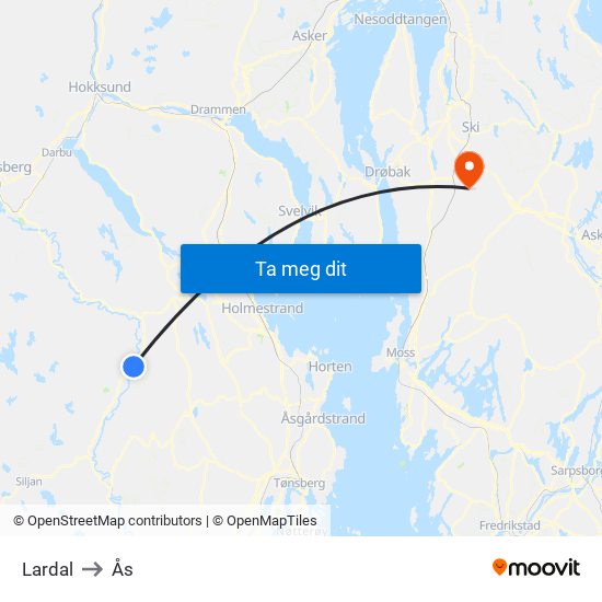 Lardal to Ås map