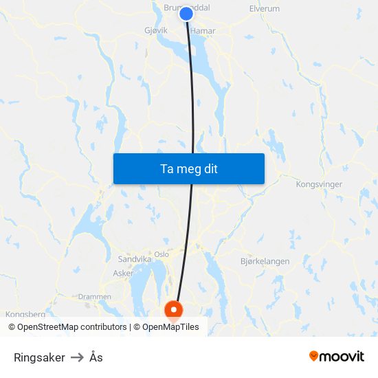 Ringsaker to Ås map