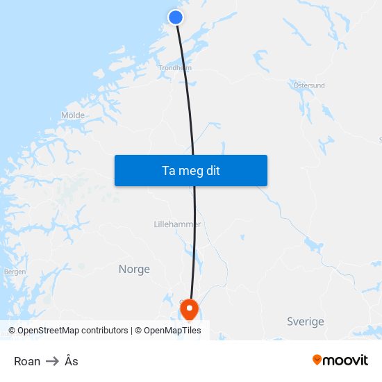 Roan to Ås map