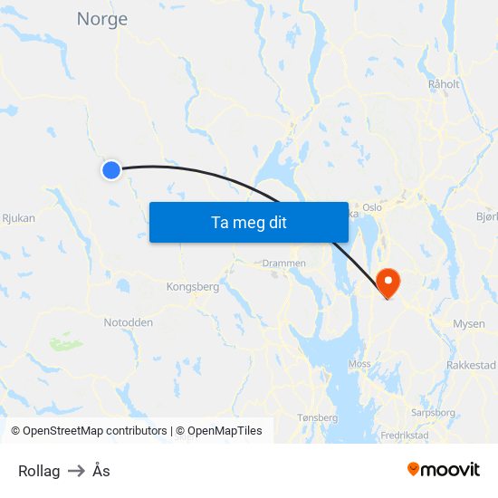 Rollag to Ås map