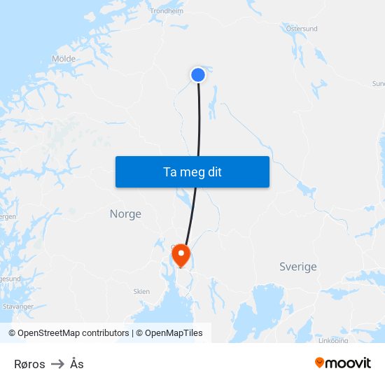 Røros to Ås map