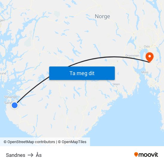 Sandnes to Ås map