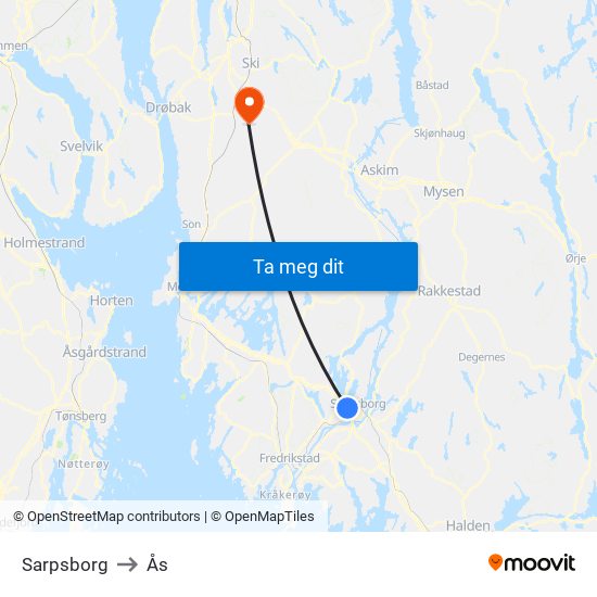 Sarpsborg to Ås map